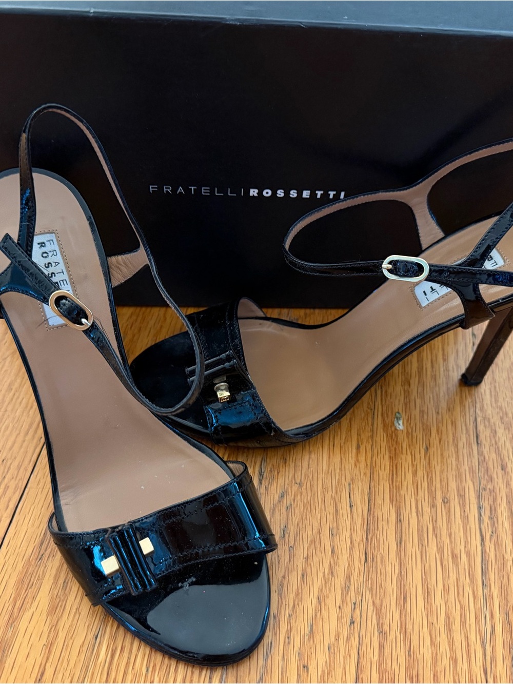 Fratelli Rosetti Black Patent Heeled Sandals Like New Size 39 aka 9